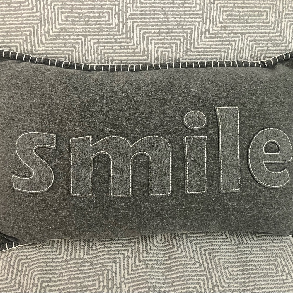 EMBROIDERED SMILE DECORATIVE THROW PILLOW, LUMBAR PILLOW, 12” x 20” - Picture 2 of 5